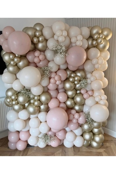 Çemrek Süs Parti Pink Blush Retro White Light Gold Soft Balloon Chain Set of 100
