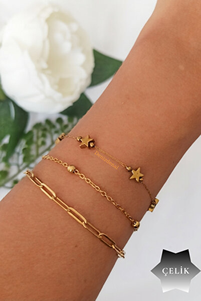 DENİZDENAL Steel Anti-Tarnish Gold 3-Piece Bracelet Combination