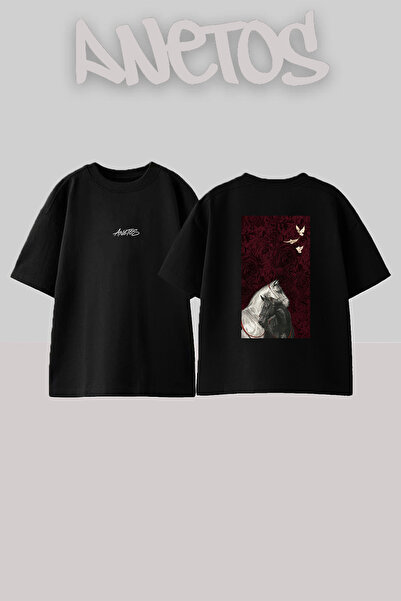 Anetos Horses Doves Design Back Printed Cotton Black Oversize T-Shirt
