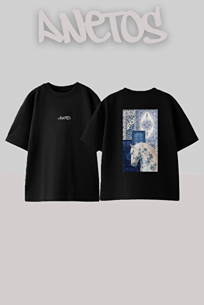 Anetos Delft Horse Design Back Printed Cotton Black Oversize T-Shirt