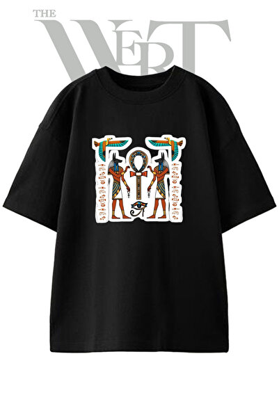 THEWERT Tricou oversize negru unisex cu imprimeu egiptean Anubis Ankh Design