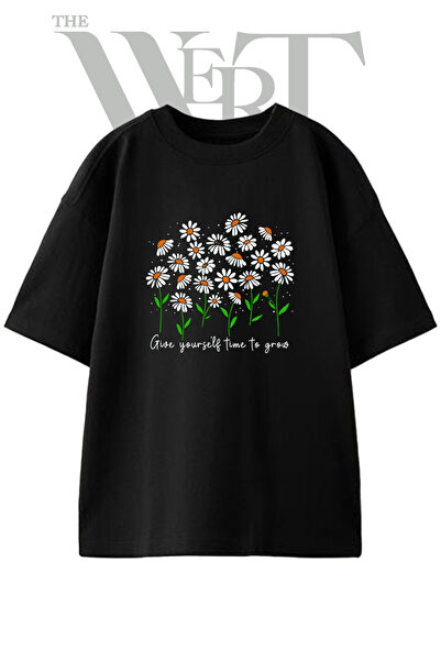 THEWERT Μπλουζάκι με στάμπα Papatya Cicek Design, Unisex, μαύρο, oversized