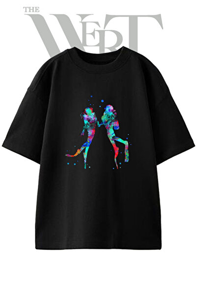 THEWERT Diving Couple Design Printed Unisex Black Oversize T-Shirt