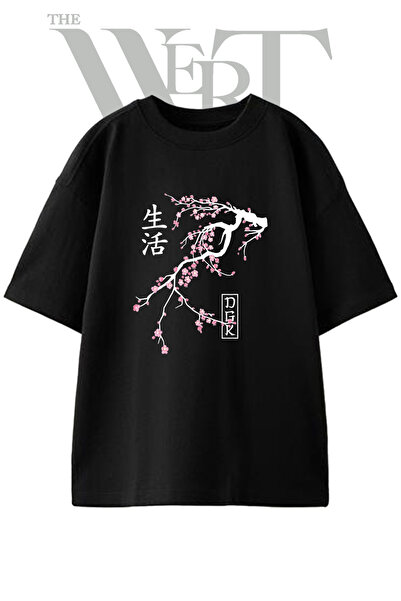 THEWERT Sakura Kanji Design Printed Unisex Black Oversize T-Shirt