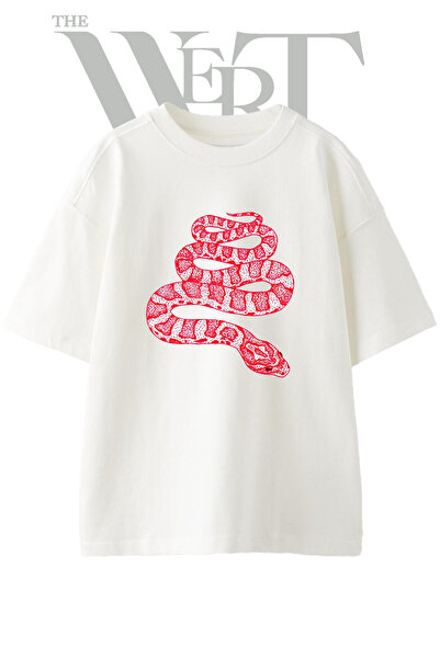 THEWERT Red Yilan Design Printed Unisex White Oversize T-Shirt