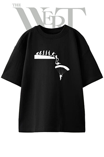THEWERT Evolution Skydiving Design Printed Unisex Black Oversize T-Shirt