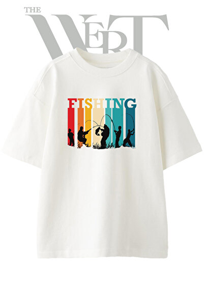 THEWERT Tricou oversize alb unisex cu imprimeu cu design siluetă de pescuit
