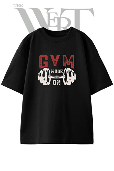 THEWERT Gym Mode Barbell Design Printed Unisex Black Oversize T-Shirt