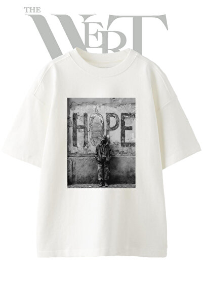 THEWERT Umut Hope Design Printed Unisex White Oversize T-Shirt