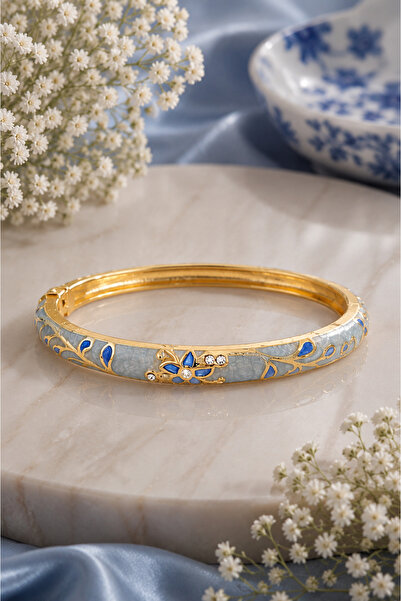 Sylvera Shop Azur Floral Stoned Blue Enamel Thin Cuff Bracelet (Gold Color)