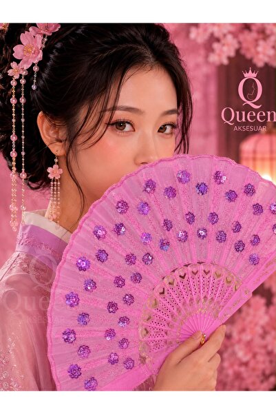 QUEEN AKSESUAR Zarif parlak pembe pullu desenli vintage katlanır Japon Çin ge...