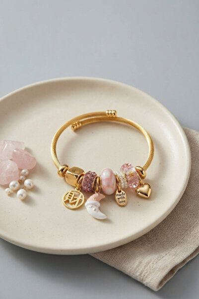 callerrons accessories Women's Bracelet with Moon and Heart Pink Charms - Ebj...