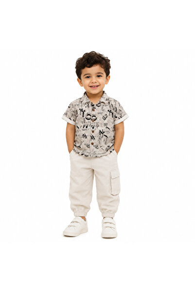 Generic Brand Boy's Set Printed Shirt and Cargo Pants Beige
