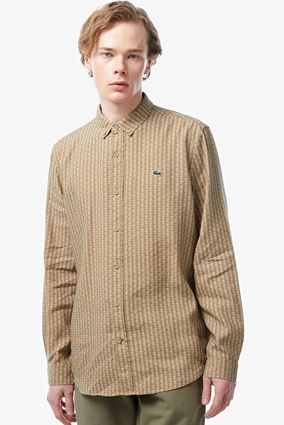 Lacoste Men's Regular Fit Monogram Button-Down Collar Linen Shirt Men's Butto...