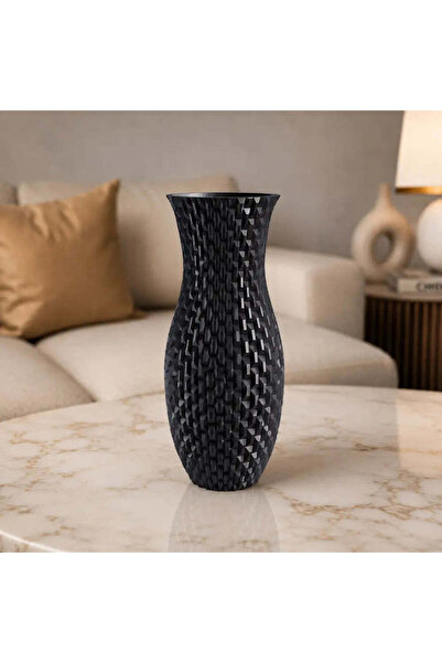 OEM Vaza decorativa negru mat, 20 cm, cu relief geometric, ideala pentru flor...