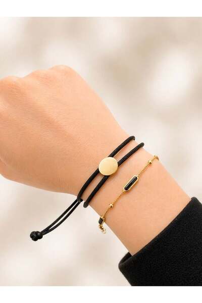 byBurak GOLD Oval Plaka Ayarlanabilir Siyah İpli Bileklik - BLK1081