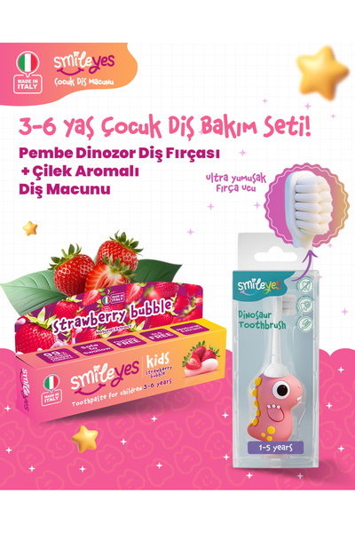 Kids Strawberry Bubble Aromalı Çocuk Diş Macunu 3-6 Yaş + Dinazor Serisi Diş Fırçası 1-5 yaş Pembe