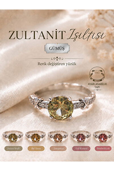 Zultanit Işıltılı Renk Değiştiren 925 Ayar Gümüş Yüzük - Ayarlanabilir Pırlanta Kesim Premium Tasarım - Anneye Sevgiliye Hediye Yüzük