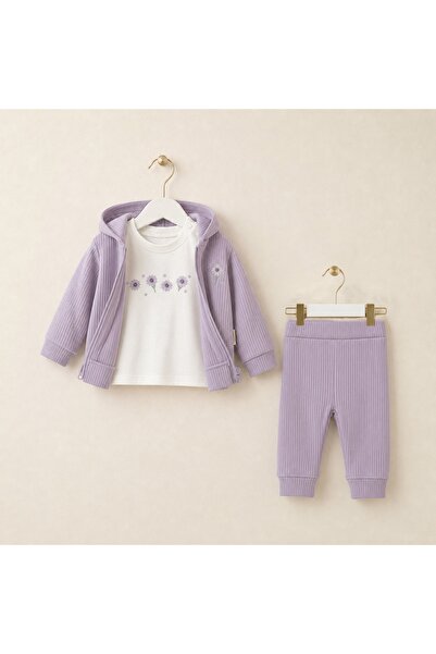 Alvadonna Embroidered Front Triple Baby Girl Ribbed Cotton Set