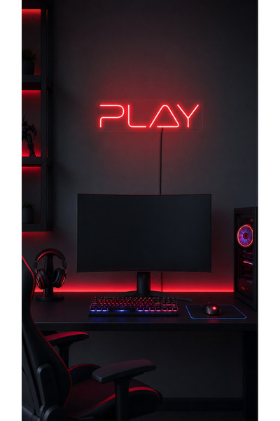 Prime Neon PLAY Neon Tabela Kırmızı Renk Adaptör Dahil Oyun Odası Dekoru