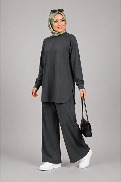 ZELASU Modal Fabric Ribbed Stitched Hijab Double Set Anthracite Tunic and Tro...