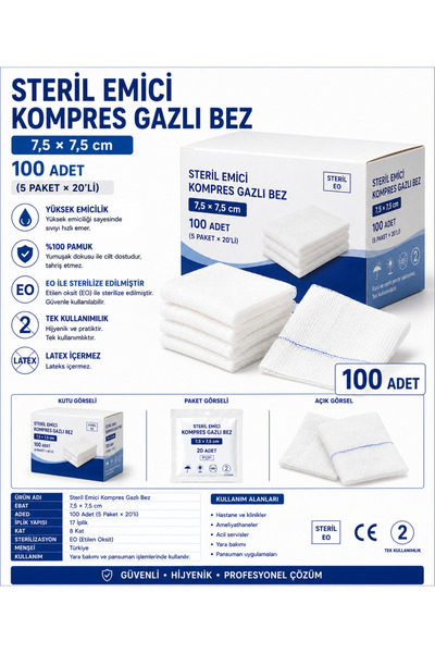 Genel Markalar Karvel Medikal Steril Emici Kompres Gazlı Bez 7,5×7,5 cm 100 A...