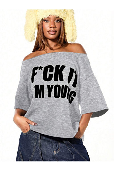 OVER HEAD Women's I Am Young Printed Boat Neck Off Shoulder 100% Cotton T-Shirt