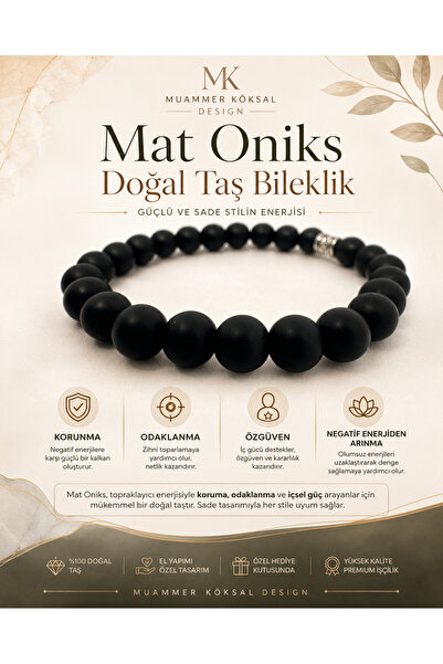 Muammer Köksal Design Mat Oniks Koruma Taşı Bileklik 8 mm Doğal Siyah Mat Oni...