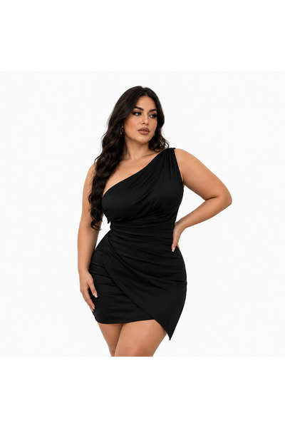 Hazel Rochie de seară mini, neagră, din satin, cu un singur umăr, la două rân...