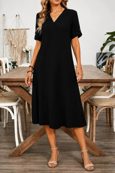 Beruflic Women's Short Sleeve V-Neck Wrinkled Midi Dress