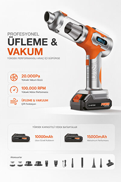 Kensa 20000Pa Kablosuz Araç Süpürgesi Üfleme Vakum 2'si 1 Arada 100000 RPM Şa...