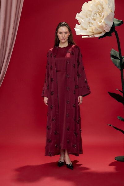 Birgül Bektaş Bordo Amelie Gül İşlemeli Kimono Abaya