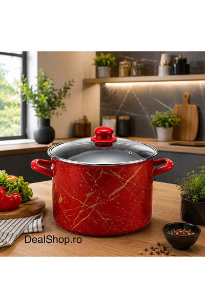dealshopromania Enamelled pot 4.8 L with glass lid, model Red Marble, 20 cm, ...