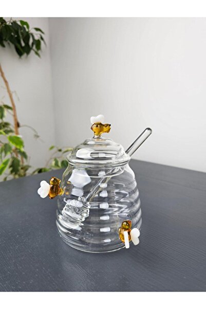 EVİMTATLIEVİM Handmade Borosilicate Glass Honey Jar with Bee Figure and Spoon...