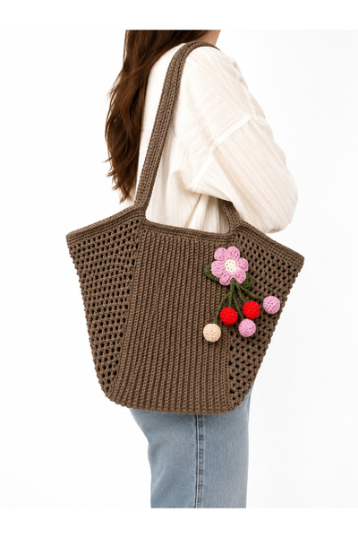 DeNors Women's Floral Detailed Hand Knitted Shoulder Bag Brown Mink Color – L...
