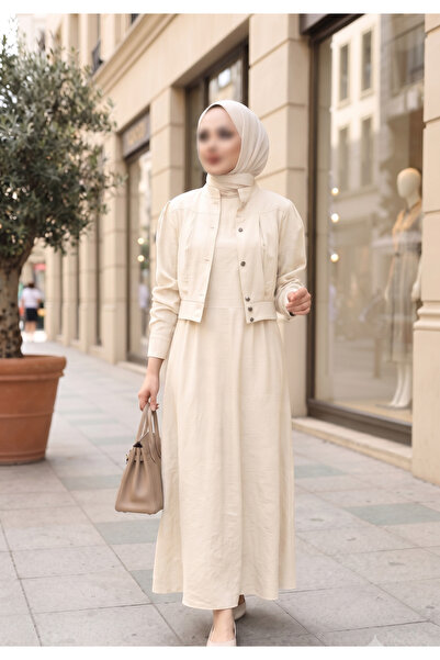 MUDUTEKSTİL Beli Büzgülü Jile Elbise Bej MD002583-38