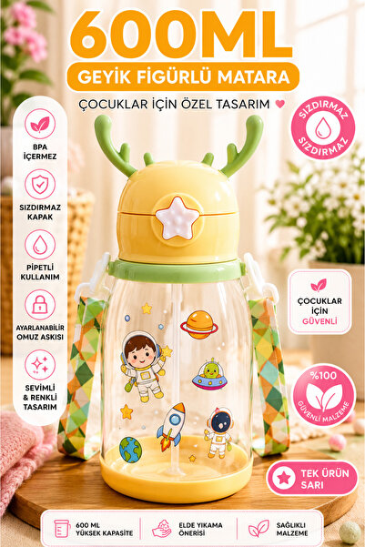 Ercazzo Geyik Kulaklı Çocuk Suluk Matara 600 ML Pipetli Omuz Askılı Sızdırmaz...