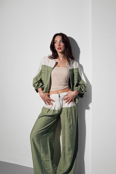 Pukka Women's Tencel Fabric Garni Pleated Detailed Wide-Leg Pants Two-Piece Set