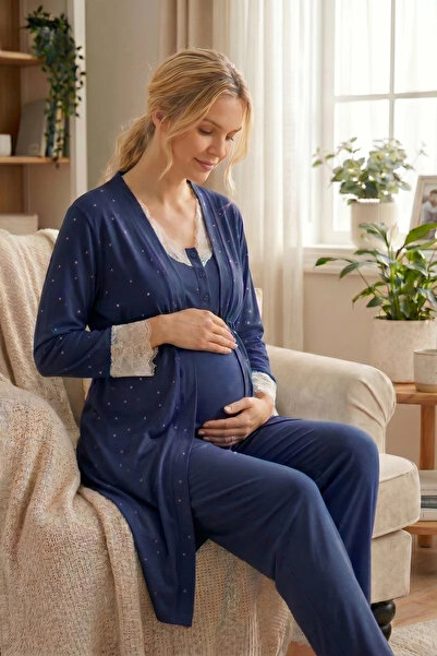 Rimel Homewear Women's Navy Blue Polka Dot Dressing Gown Maternity & Pregnanc...