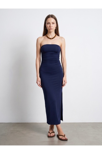 Dilvin 91640 Strapless Dress with Slit Detail - Dark Blue