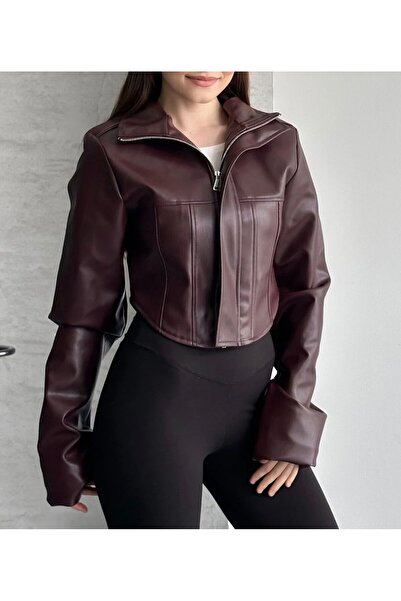 Reysamoda Kadın crop deri ceket-bordo yeni sezon korse detaylı