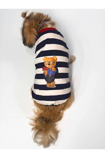 For a Fur Navy Blue Striped Teddy Bear Printed Dog T-Shirt Cat T-Shirt