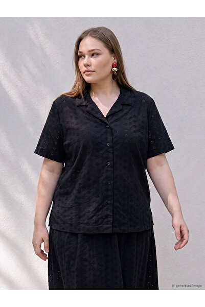 LC Waikiki Black Plus Size Brode Women's Shirt