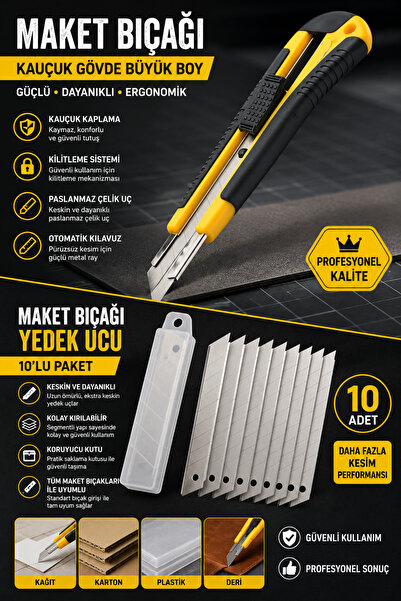 ANI OFİS KIRTASİYE A K Maket Bıçağı Kauçuk Gövde Büyük Boy + 10'lu Yedek Uç S...