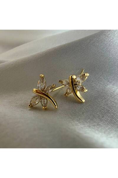 Yonida Jewelry 14K Gold Renk Kaplama Paslanmaz Çelik Zirkon Taşlı Yusufçuk Küpe