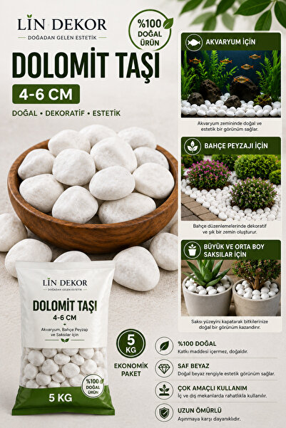Lin Dekor Beyaz Dolomit Taşı 5 KG 4-6 CM | Peyzaj & Bahçe Dekor Taşı | Mat Gö...