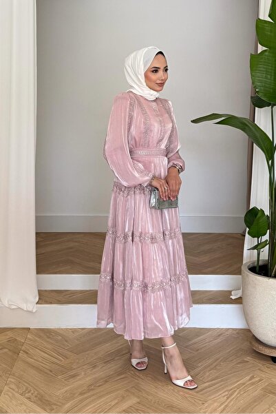 Rimel Moda İnci Detaylı Elbise Pudra
