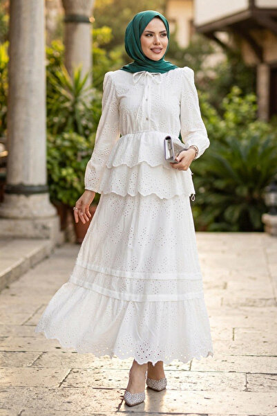 Neva Style Set Hijab alb cu broderie și detalii cu volane în straturi 50272B