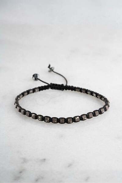 Nereze In-Line Small Square Hematite Natural Stone Macrame Men's Bracelet