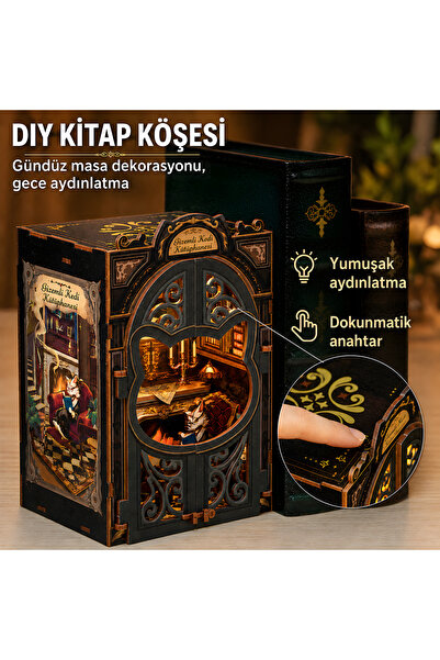 Emirgan Gizemli Kedi Kütüphanesi Book Nook LED Işıklı DIY Ahşap Maket Kendin ...